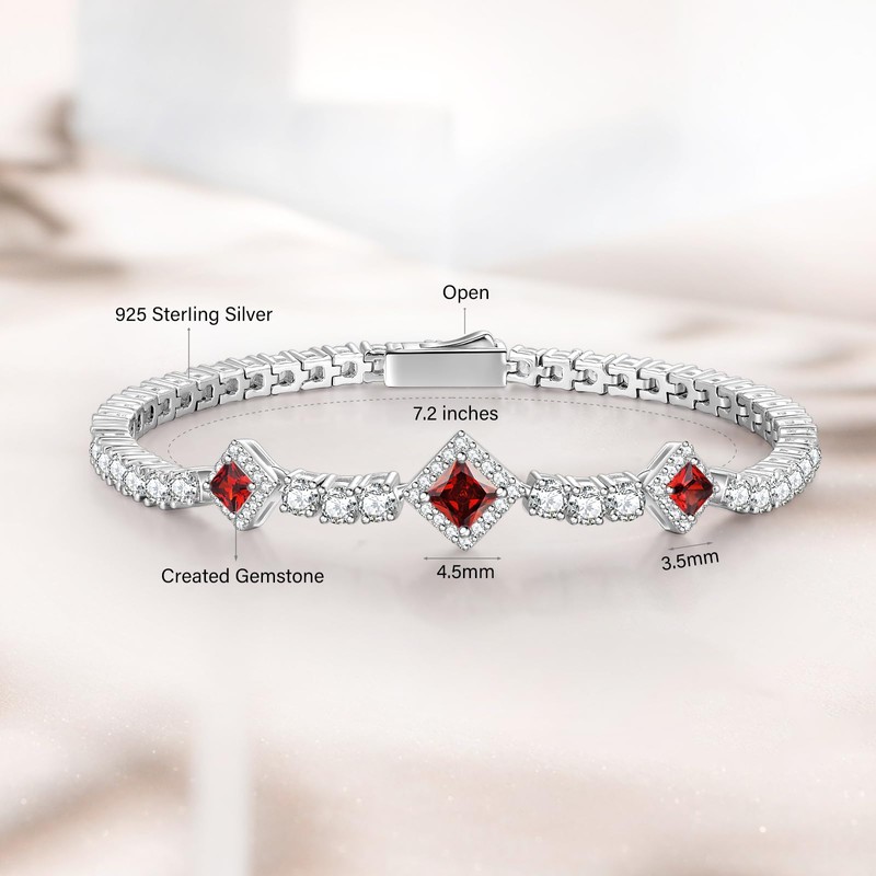 FANCIME Birthstone Bracelets 4mm Sterling Silver Garnet Tennis Bracelets Square