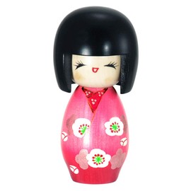 YokohamaUSA Japanese Kokeshi Wooden Doll 5.25" H Pink BAIKA Floral Kimono Girl Made in Japan
