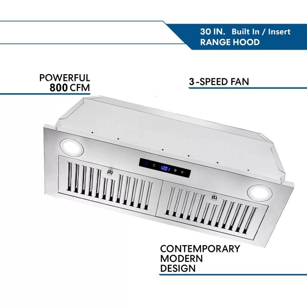 Zomagas 30 in Built-in Range Hood Kitchen Insert Vent 800CFM