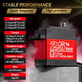 25KG High Torque RC Servo, Miuzei Waterproof Servo Motor Compatible with 1/8, 1/10 RC Car, Full Metal Gear Steering with 25T Horn 270 Degree (1Pcs)