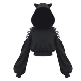 YEMOCILE Women Hoodies Long Sleeve Cute Ear Cat Off Shoulder Crop Top Pullover Sweatshirt Black