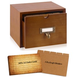 DLUGOPIS 3x5 Index Cards Holder Wood Index Card Organizer Box Flash Card Holder Recipe Cards Holder with Drawer 30 Pcs Vintage Library Cards 5 Kraft Dividers For Gifts Cards Home Office