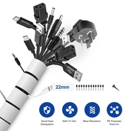 AiQInu 1.5 m Cable Protector, Pack of 2 22 mm Flexible Cable Hose with 1 Cable Clip, Spiral Hose Cable Hose for Desk, TV, PC Floor