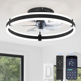 ZMISHIBO Ceiling Fans with Lights and Remote, 19.7'' Low Profile Ceiling Fan, 3000-6000K Dimmable Modern Flush Mount LED Fan Light, 6 Wind Speeds, Black Fandelier Ceiling Fans for Bedroom
