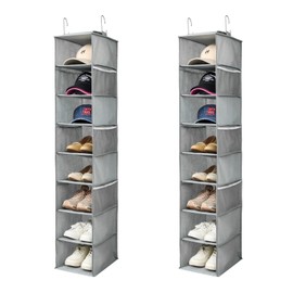Berdeng Hanging Shoe Organizer for Closet with Side Mesh Pockets，Hat Racks for Baseball Caps，Shoe and Hat Holder & Storage，8-Shelf，Gray，2 Pack