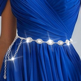 COSYDAYS Silver Rhinestone Chain Belts Sparkly Crystal Dress Belt Fashion Waist Body Accessories for Women (Silver)