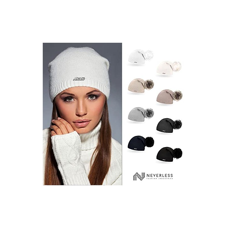 Neverless® Unique Women Lined Knitted Beanie Hat with Fur Bobble