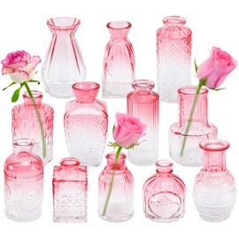 Xvvirnt Glass Bud Vases Set of 12,Pink Bud Vases in Bulk,Small Flower Vase for Centerpiece,Mini Vintage Vase for Wedding Home Room Office Table Decor(Pink)