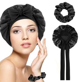 Silk Hood for Sleeping, Satin Hair Cap, Night Sleep Cap with Hair Elastics, Sleep Cap, Hair Protection, Night Cap, Hair Cap, Adjustable Silk Bonnet with Elastic Band for Women, Girls (Black)