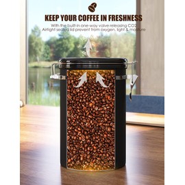 HAIOOU Airtight Coffee Canister, 22OZ +16OZ 2 Piece Stainless Steel Coffee Bean Storage Container with Date Tracker, Measuring Scoop, CO2 Releasing Valves, Mini Tongs for Coffee Bean, Grounds - Black