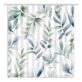 YOZSLGU Sage Green Leaves Shower Curtain Watercolor Blue Green Plant Botanical Minimalist Modern Fabric Bathroom Decor Curtains Set with Hooks, 70"x70"