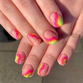 Rose Red Press on Nails Short Square Fake Nails with Curve Star Designs Orange Yellow False Nails Summer Stick on Nails Polka Dot Full Cover Reusable Artificial Nails for Women Girls Manicure 24Pcs