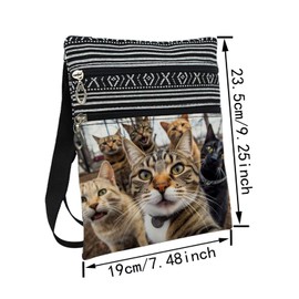 LiuenMgg Women's Small Selfie Cats Crossbody Bag, Ethnic Pattern, Polyester, Zipper Closure, Adjustable Strap, 2 Pockets, Cat Lovers, Adults, Small Frame
