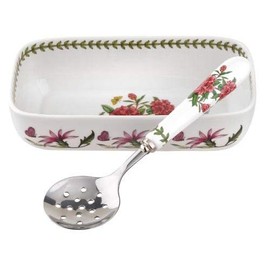 Portmeirion Botanic Garden Cranberry Dish & Slotted Spoon, White