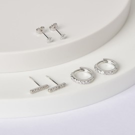 Set of 3 Earrings for 3 Pierced Earrings, 925 Silver, Freshwater Pearls, Cubic Zirconia, Hoop Earrings, 3 Pairs Pack, Nickel-Free, Sterling Silver, Cubic Zirconia