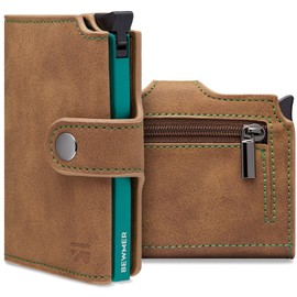 BEWMER v2 Shielded Slim Wallet with Coin Compartment for Men & Women, Card Holder, RFID Protection & Anti-Cloning, Wallet for Notes, Coins & 9 Credit Cards, Light Brown & Green