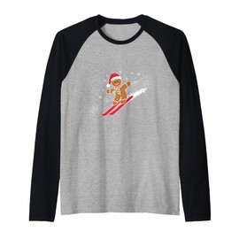 Gingerbread Man Christmas Skiing Down Gifts Winter Xmas Kid Raglan Baseball Tee