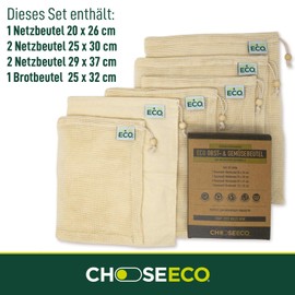 ChooseEco Set of 6 Fruit Bags, Vegetable Bags, Bread Bags, 100% Organic Cotton GOTS with Tare Weight Indication, Robust Shopping Nets, Reusable Fruit Net, Plastic-Free Shopping, natural, Traditional