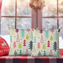 Decorative Throw Pillow Cover Square 18x18 set of 2, Colorful Christmas Tree Cute Winter Holiday Abstract Art Holidays Farmhouse December Home Decor Zippered Pillowcase for Couch Sofa Living Room