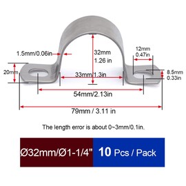 MgcTolBox Pack of 10 heavy U-pipe clamps, diameter 32 mm, stainless steel pipe clamp, hose buckle, pipe holder, various sizes