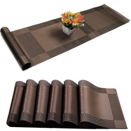 Set di tovagliette con runner da tavola, tovagliette da cucina a trama incrociata, lavabili, per tavolo da pranzo, feste, fattoria, Natale e riunioni (marrone)