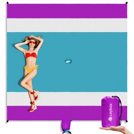 Laybax Purple Water-Resistant, Sandproof 10x9ft Beach Blanket With Umbrella Hole–Beach Mat, Compact and Lightweight, Stuff Sack, 4 Stakes, Sand Pockets, Works with Beach Canopies, Umbrellas, Kids Tent