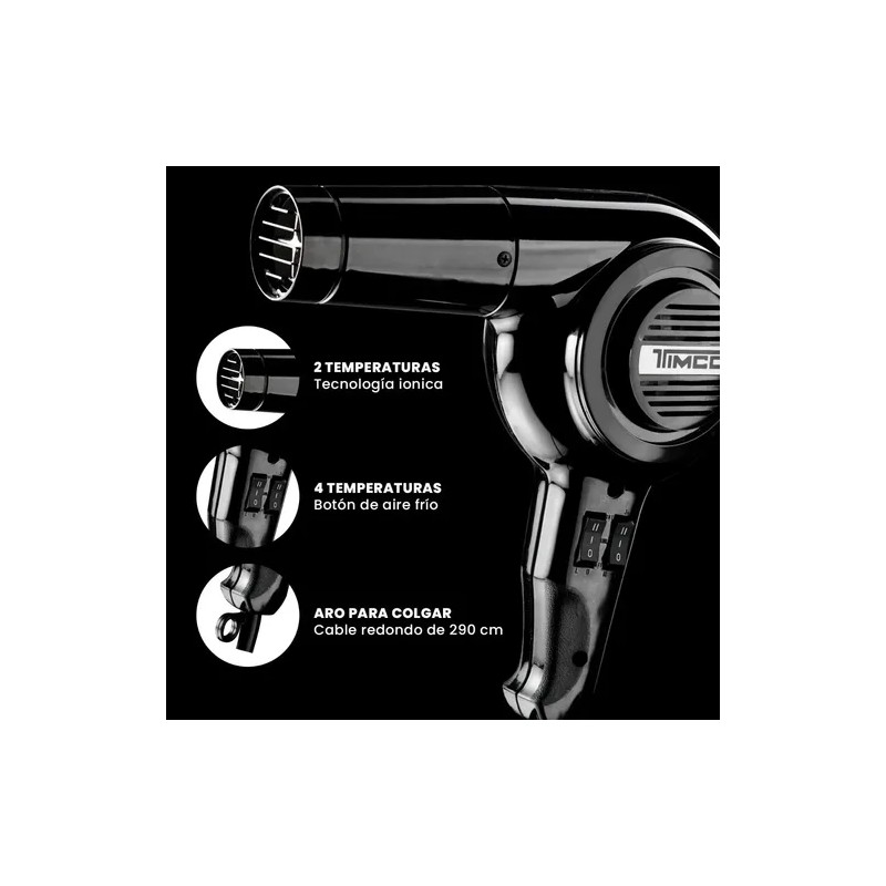 Secadora Profesional C/ Boquilla Y Difusor Timco Sp-1600 Negro