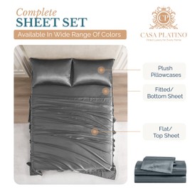 Casa Platino Satin Sheet Set Queen Size - 4 Pieces - Super Soft & Gentle like Silk - 1 Deep Pocket Fitted Sheet, 1 Flat Sheet & 2 Queen Pillowcases - Bed Sheets Suitable for All Skin Types - Dark Gray