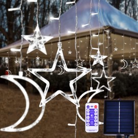 XINXIANLIAN - 138 luces LED de decoración de ramadán, luces solares de luna y estrella, luces de cortina impermeables para exteriores, con 8 modos, decoración colgante de ramadán, hogar, patio (blanco