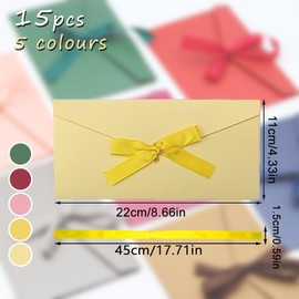 ZoZoMaiy Pack of 15 Kraft Paper Envelopes with Ribbons, 5 Colours, Pearlescent Paper Envelope with Bow, 22 x 11 cm, Coloured Kraft Envelopes for Invitations, Valentine's Day, Thanksgiving, Greeting