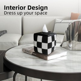 MSJGA Tissue Box Cover, Square PU Leather Tissue Box Holder with Metal Buckle, Checkered Tissue Box, Decorative Organizer for Bedroom, Vanity Desk, Nightstand, Bathroom, Office (Black)