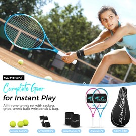 SIMTION 27 Inch Tennis Rackets Set, 2 Player Pre-StrungTennis Racquets for Adults, 2 Overgrip Tapes, 3 Balls, 2 Wristbands and Carrying Bag, for Beginner and Professional (Rose Pink & Blue)