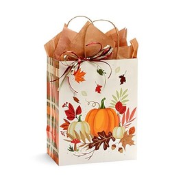 NWP Pumpkin Plaid Paper Shopping Bags - Cub Size - 8 x 4.75 x 10in. - Pack of 25