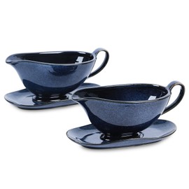 Vicrays Gravy Boat with Saucer - Large 17oz Ceramic Sauce Boat with Tray Set of 2 for Turkey Salad Dressings Creamer Milk Broth - Thanksgiving Christmas Holiday Serving Dishes - Blue