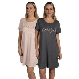 Rae Dunn Women's 2-Pack Short Sleeve Shirttail Graphic Text Nightshirts Soft Recycled Fabric, Dark Grey and Pink, Small