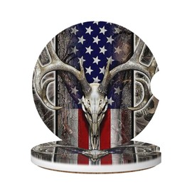 GACCAP Car Coasters for Cup Holders, 2 Pack Absorbent Ceramics Anti Slip Universal 2.56 Inch Car Cup Coaster for Women Men, Car Interior Accessories - Deer Skull Camo American Flag Hunting Camouflage