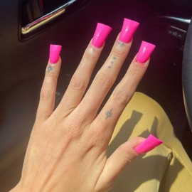 KQueenest Duck Press on Nails Medium - Summer Press on Nails Hot Pink, Opaque Bright Vibrant Fake Nails with Glue, Fit Perfectly, Neon Reusable Soft Gel Glue on Nails for Women 24 Pcs