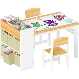 GITAWUSA Kids Art Table and Chairs, Wooden Kids Craft Table and Chairs with Storage Bins and Paper Roll, Toddler Activity Play Desk for Drawing/Learning/Read, Toddler Table and Chair Set for Boy/Girl