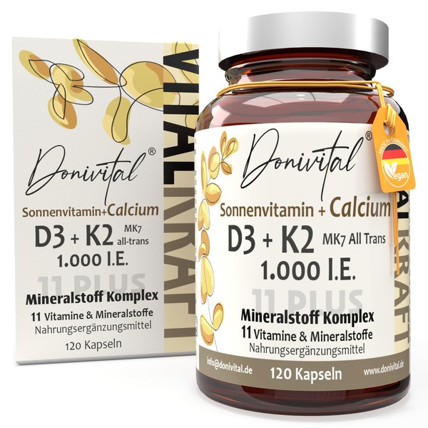 Vitamin D3 1000 IU + K2 MK7 All-Trans + Highly Active Calcium. Vitamin D3 K2 Capsules - 11 Vital Substances for Bones, Muscles, Metabolism and Immune System - Pack of 120 - Vegan
