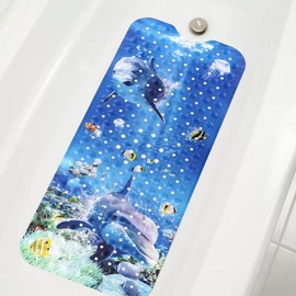 Bath Mat for Tub,Extra Comfortable Non Slip Large Bathtub Mat, Massage Shower Mat with Suction Cups Drain Holes,Seabed 16"x40" - Color: Dolphin, Size: 16 X 40 Inch