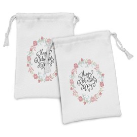 Ambesonne Valentines Day Fabric Pouch Set of 2, Floral Flowers Buds Roses Tulips Circled Frame Valentine Hearts, Small Drawstring Bag for Toiletries Masks and Favors, 9" x 6", White and Black