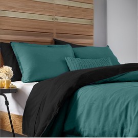 100% Egyptian Cotton Duvet Cover Queen 1000 Thread Count Long Staple Quilt Reversible 1 Duvet Cover 2 Pillow Shams Solid Pattern Silky Soft, Breathable with Hidden Zipper 3 Piece Set (Teal/Black)