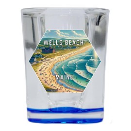 R and R Imports Wells Beach Maine Travel Destination Souvenir 2 Ounce Shot Glass Square Blue Base 4-Pack
