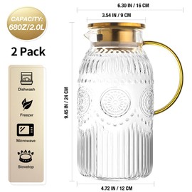 Amzcku Glass Pitcher with Lid, 68 oz/ 2 Liter 2Pack Vintage Water Pitcher,Glass Water Carafe for Cold Brew, Coffee, Lemonade, Iced Tea,Beverage, Heat Resistant Jug