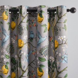 Topfinel 54 Inches Long Short Grey Blackout Curtains for Cafe Kitchen, Grommet Room Darkening Luxury Floral Lemon Hummingbird Patterned Waverly Colorful Drapes for Living Room Bedroom