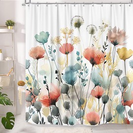 Rustic Boho Floral Shower Curtain, Bright Colorful Watercolor Flower Botanical Shower Curtain, Cute Minimalist Aesthetic Floral Bath Curtain with 12 Hooks, 72"×78" Blue Pink Sage Teal Cream Tan Grey