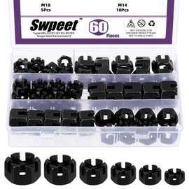 Swpeet 60Pcs 6 Sizes Black Grade 4.8 Carbon Steel M10 M12 M14 M16 M18 Hexagon Slotted Nuts Assortment Kit, Hex Castle Nuts Hex Nuts for Moto Car Furniture Fasteners Repair