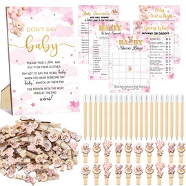 Patelai 321 Pcs Pink Bear Baby Shower Game Supplies for Girl 5 Set Include 50 Activity Cards 20 Pencils 1 Don't Say Baby Sign 50 Clothespins for Price Is Right Prediction Bingo Game Party Decor