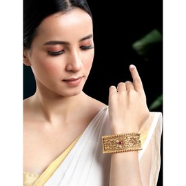 Aheli Gold Plated Synthetic Stone Studded Thick Single Piece Openable Floral Design Kada Bangle Traditional Jewellery Gift for Women Size - 2.4 Inch