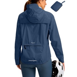 Bikewa Women's Cycling Rain Jackets Waterproof Windbreaker Lightweight Running Windproof Reflective Jacket Packable Hooded(Navy,XS)